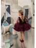 Burgundy Velvet Tulle Pearls Embellished Flower Girl Dress